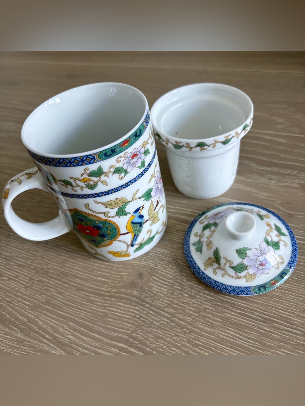 Porcelain Floral & Bird Tea Mug with Infuser and Lid - White